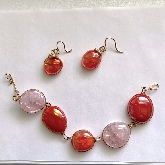 Gold Wire Orange Glass & Pink Quartz Bracelet w/ Matching Wired Dangle Earrings - Picture 2 of 5